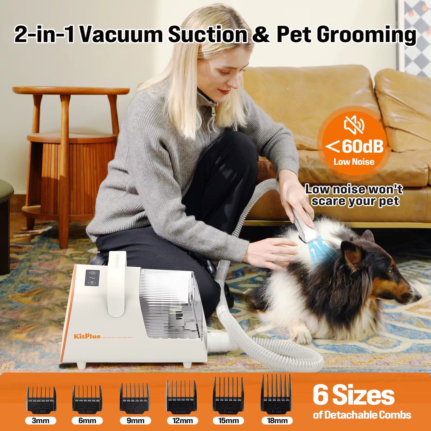 Professional Dog Grooming Kit with Rechargeable Hair Trimmer, 12000Pa Suction Power, 99% Pet Hair Removal, 2L Vacuum Capacity, and 11 Essential Tools
