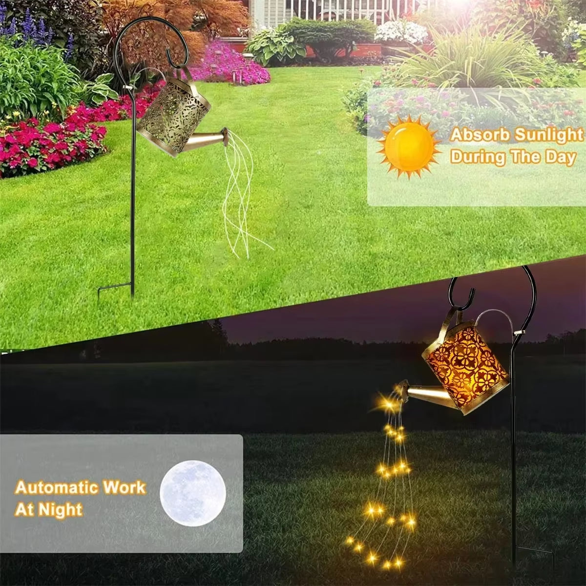 Solar-Powered LED Watering Can Lamp - Iron Star Design for Outdoor Garden and Landscape Lighting