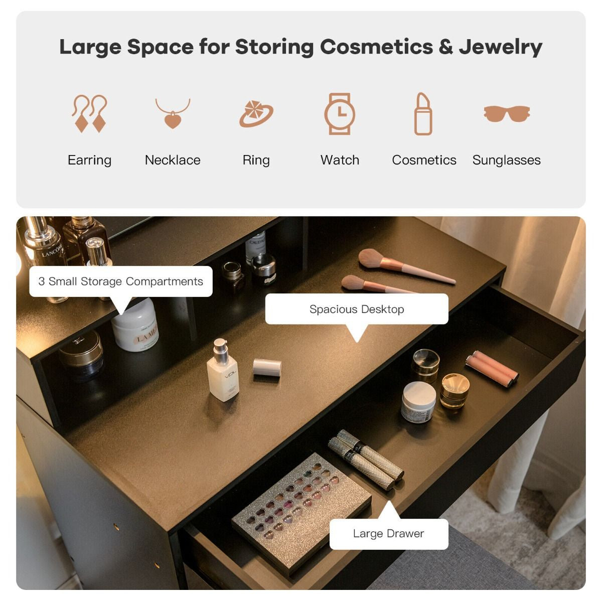 Modern Makeup Vanity Set with LED Lighted Mirror and Spacious Drawer