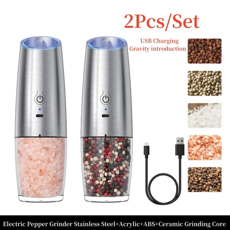 Premium USB Rechargeable Gravity Induction Electric Salt and Pepper Grinder Set