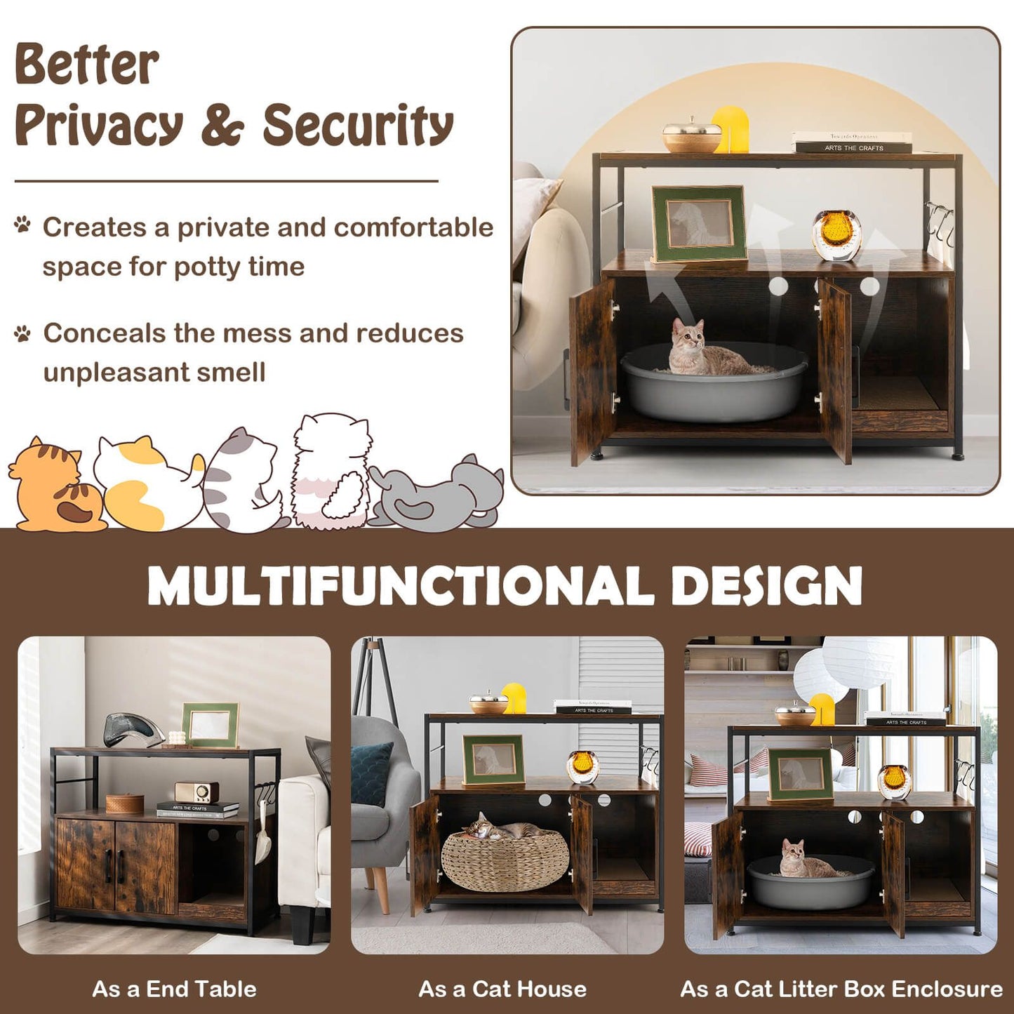 Cat Litter Box Enclosure with Integrated Scratching Pad and Dual Shelving Units