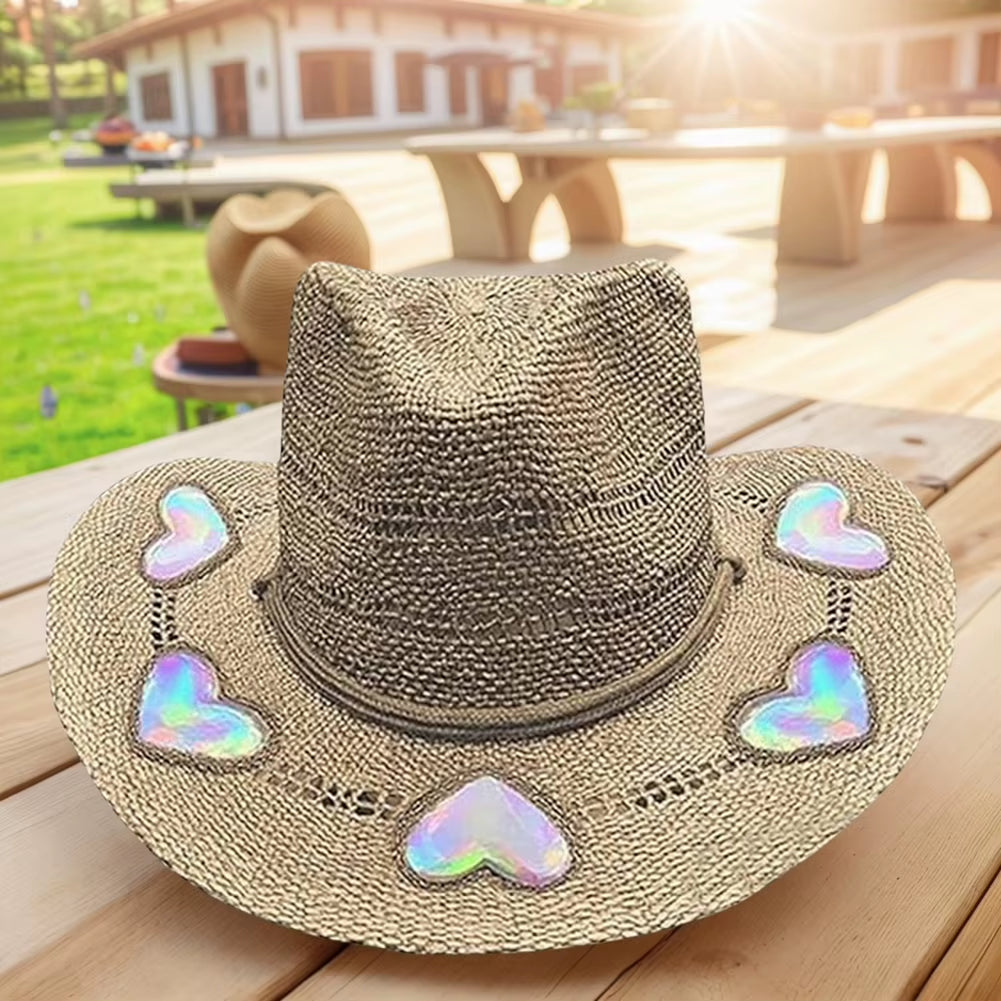 Handcrafted Wide-Brimmed Cowboy Hat for Women - Adjustable Straw Sun Hat for Travel and Beach Use