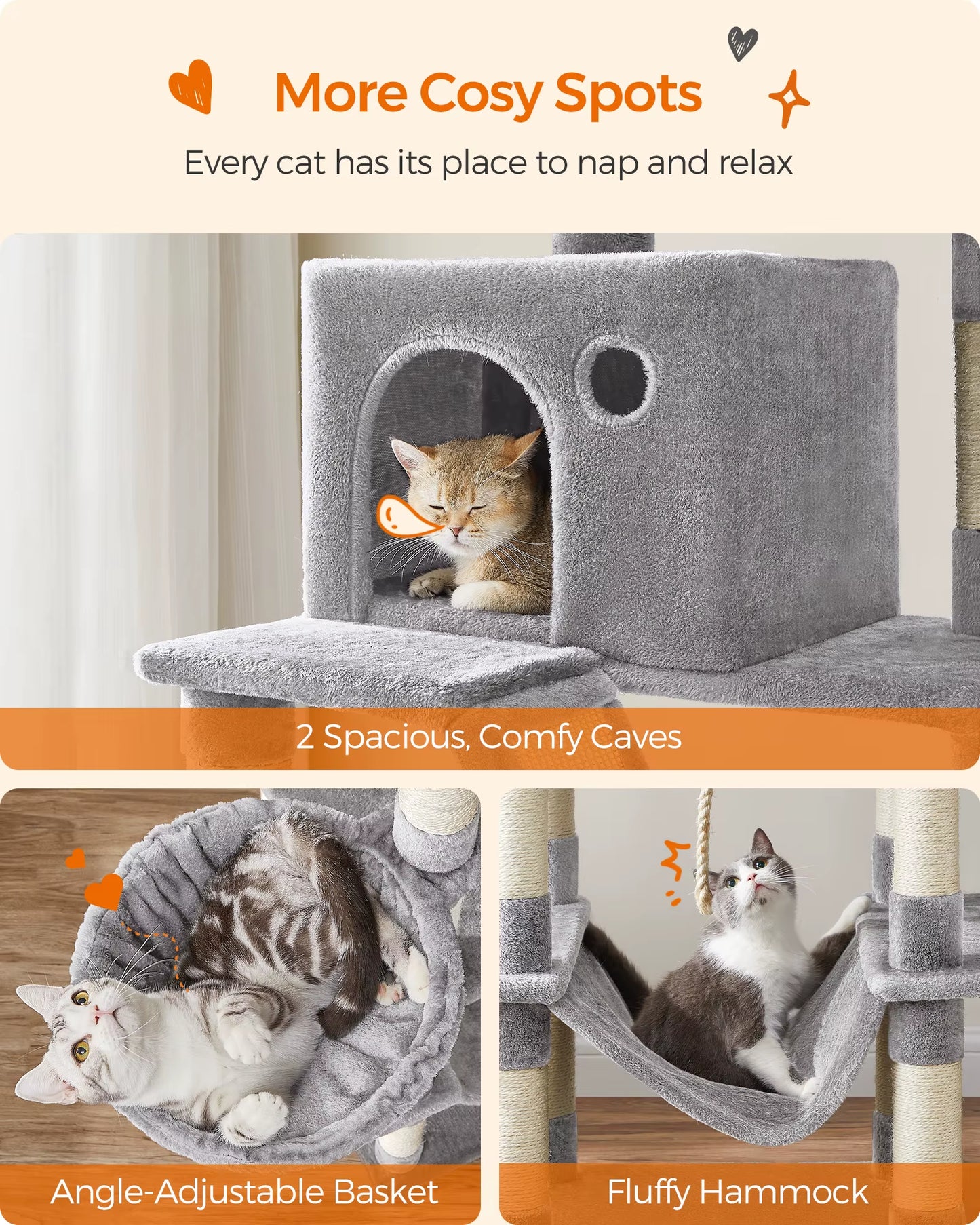 Cat Tree Tower - 206 cm Height, Featuring 13 Scratching Posts, 2 Platforms, 2 Kennels, Basket, Hammock, and Pompom