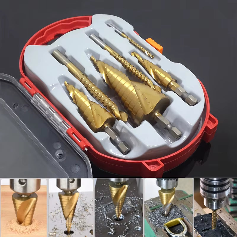 Professional Titanium Step Drill Bit Set for Wood and Metal - Sizes 4-12mm, 4-20mm, 4-32mm with 3, 6, and 8mm Twist Drills Included