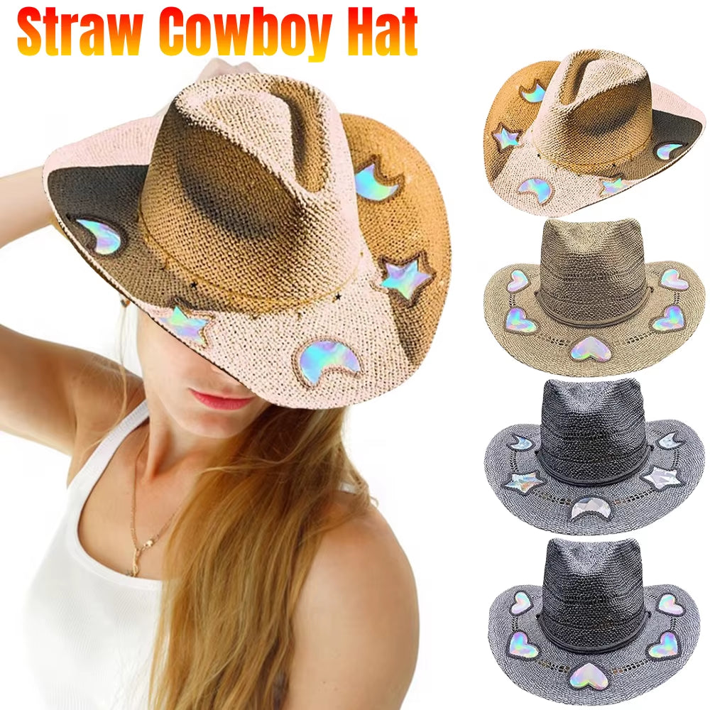 Handcrafted Wide-Brimmed Cowboy Hat for Women - Adjustable Straw Sun Hat for Travel and Beach Use