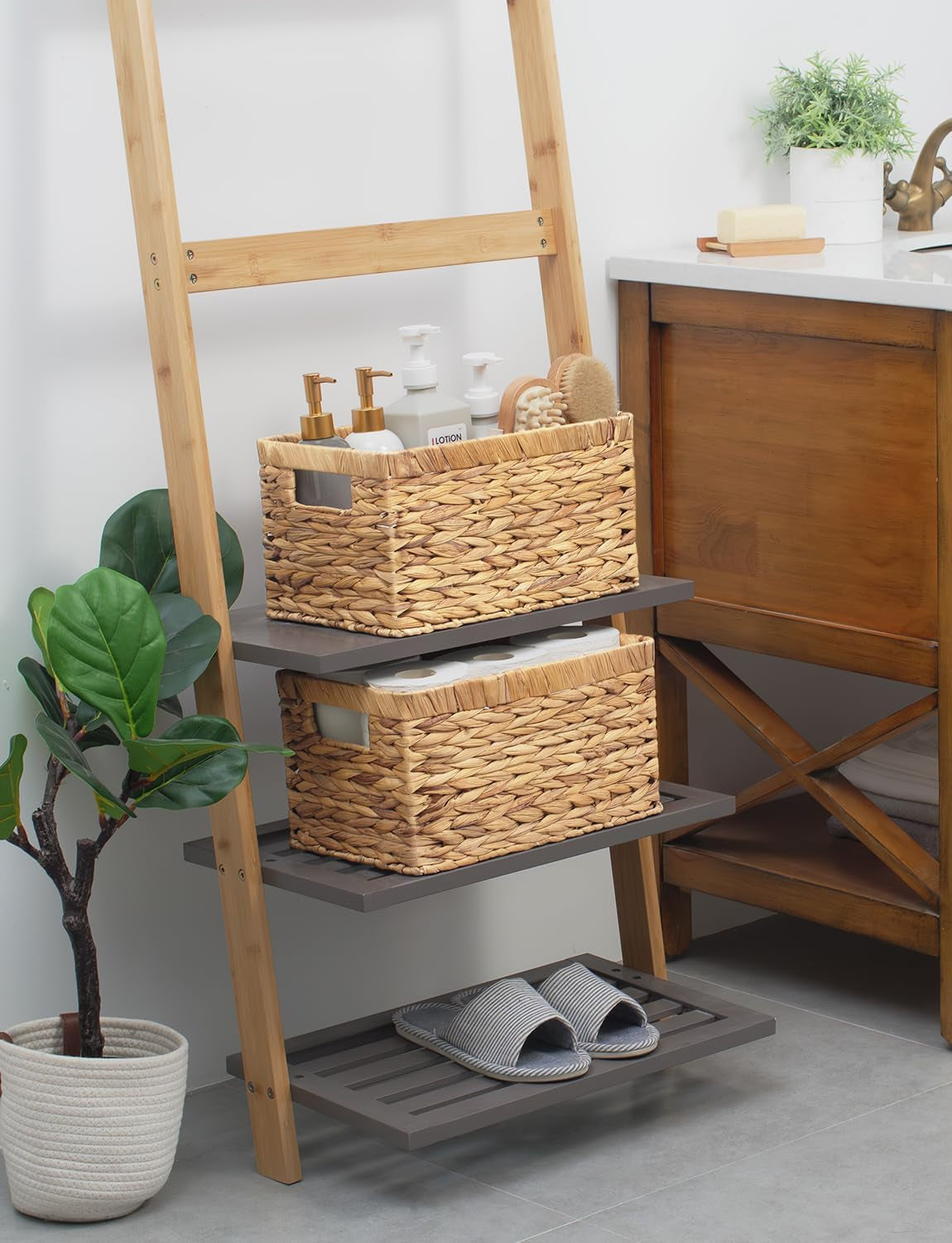 Large Wicker Storage Baskets with Handles, Rectangular Woven Organizers for Pantry and Bathroom, Natural Water Hyacinth, Set of 2