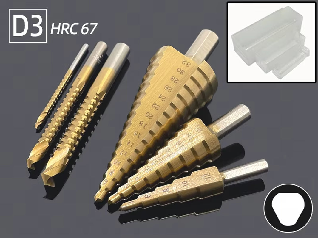 Professional Titanium Step Drill Bit Set for Wood and Metal - Sizes 4-12mm, 4-20mm, 4-32mm with 3, 6, and 8mm Twist Drills Included