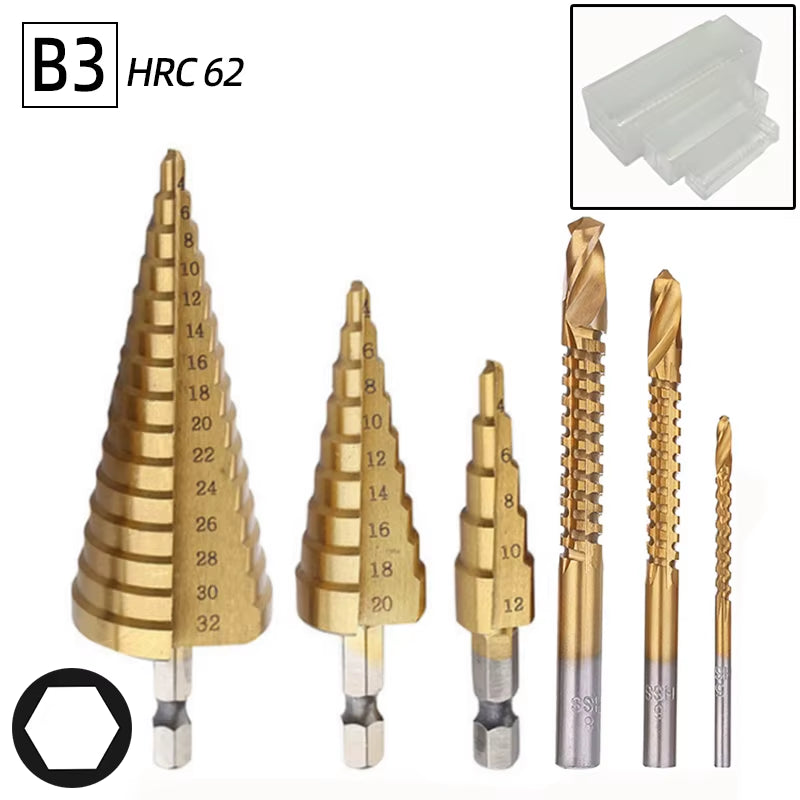 Professional Titanium Step Drill Bit Set for Wood and Metal - Sizes 4-12mm, 4-20mm, 4-32mm with 3, 6, and 8mm Twist Drills Included