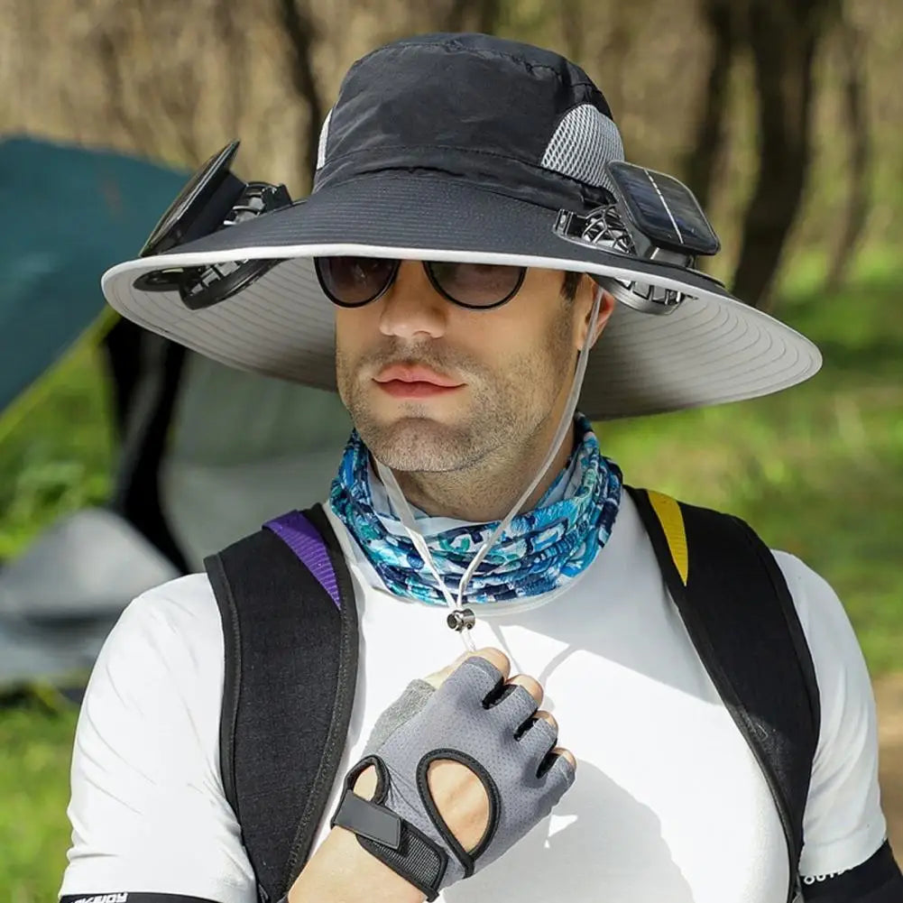 Solar-Powered Outdoor Hat Fan with Dual Power Supply - Wide Brim Sun Protection for Fishing, Hiking, and Gardening