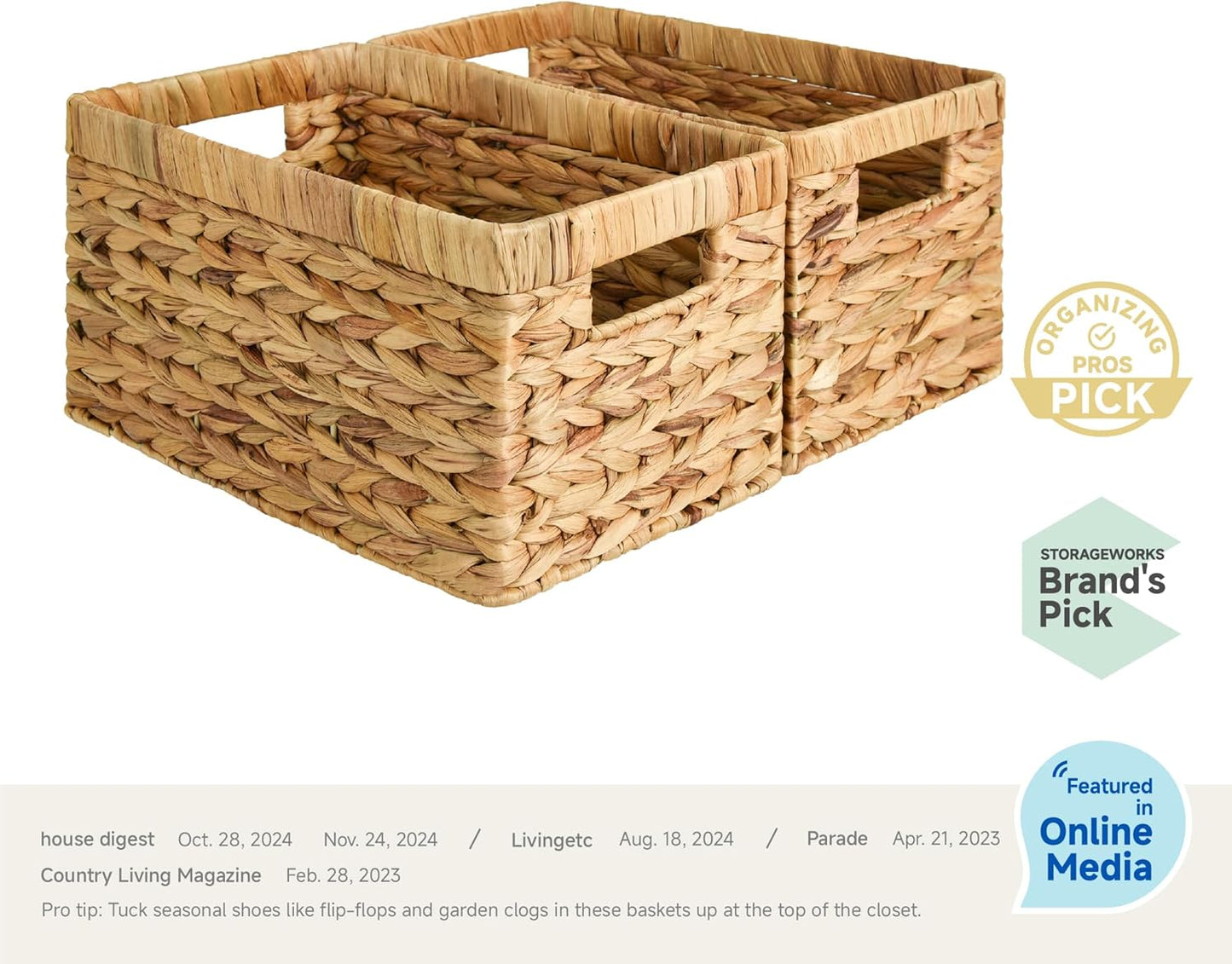 Large Wicker Storage Baskets with Handles, Rectangular Woven Organizers for Pantry and Bathroom, Natural Water Hyacinth, Set of 2
