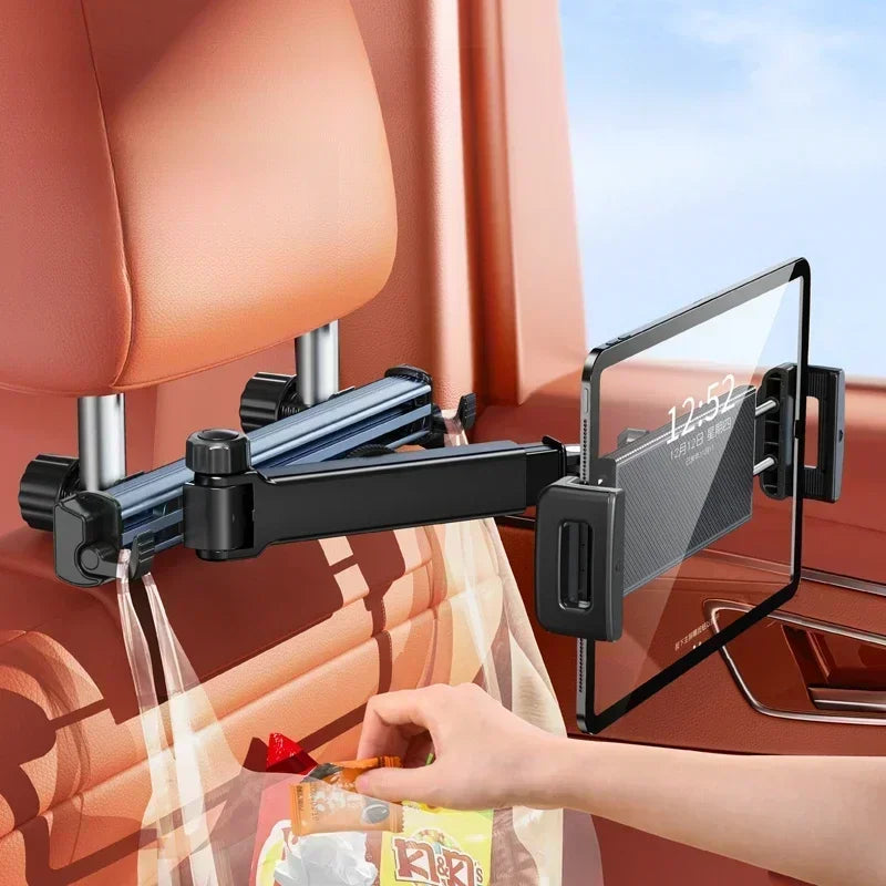 Adjustable Back Seat Tablet Holder Mount for Car Headrest - 360° Rotatable Phone Stand with Long Arm and Dual Hooks, Compatible with 4.7-12 Inch Devices