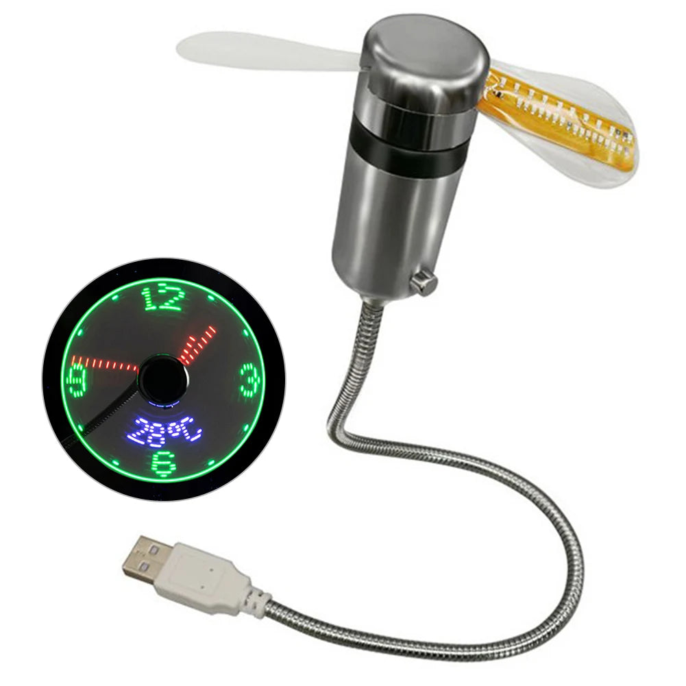 Portable RGB LED Clock Fan with Real-Time Temperature Display - 5V USB Metal Mini Fan for Computers and Laptops
