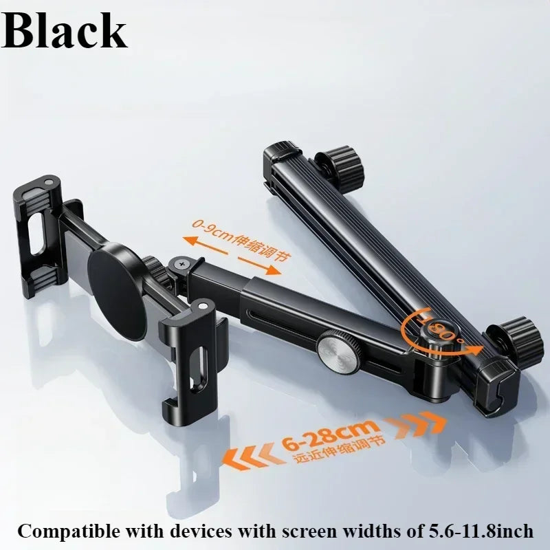 Adjustable Back Seat Tablet Holder Mount for Car Headrest - 360° Rotatable Phone Stand with Long Arm and Dual Hooks, Compatible with 4.7-12 Inch Devices