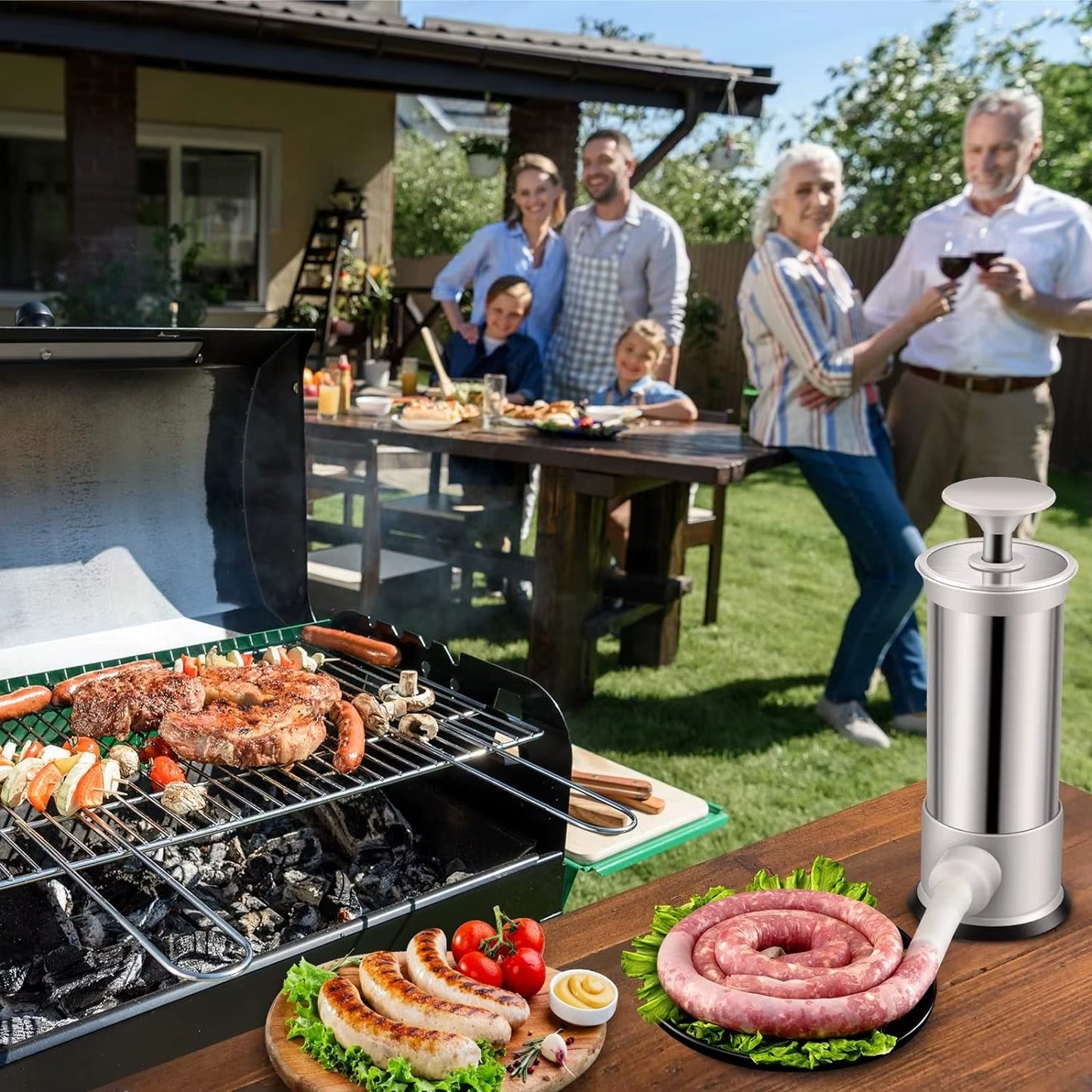 Sausage Stuffer with Four Interchangeable Stuffing Tube Sizes and Accessories