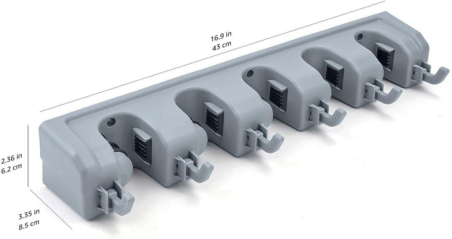 Rectangular Wall-Mounted Broom Holder and Garden Tool Organizer with 6 Hooks and 5 Slots, Dimensions: 43 x 8.5 x 6.2 cm, Gray