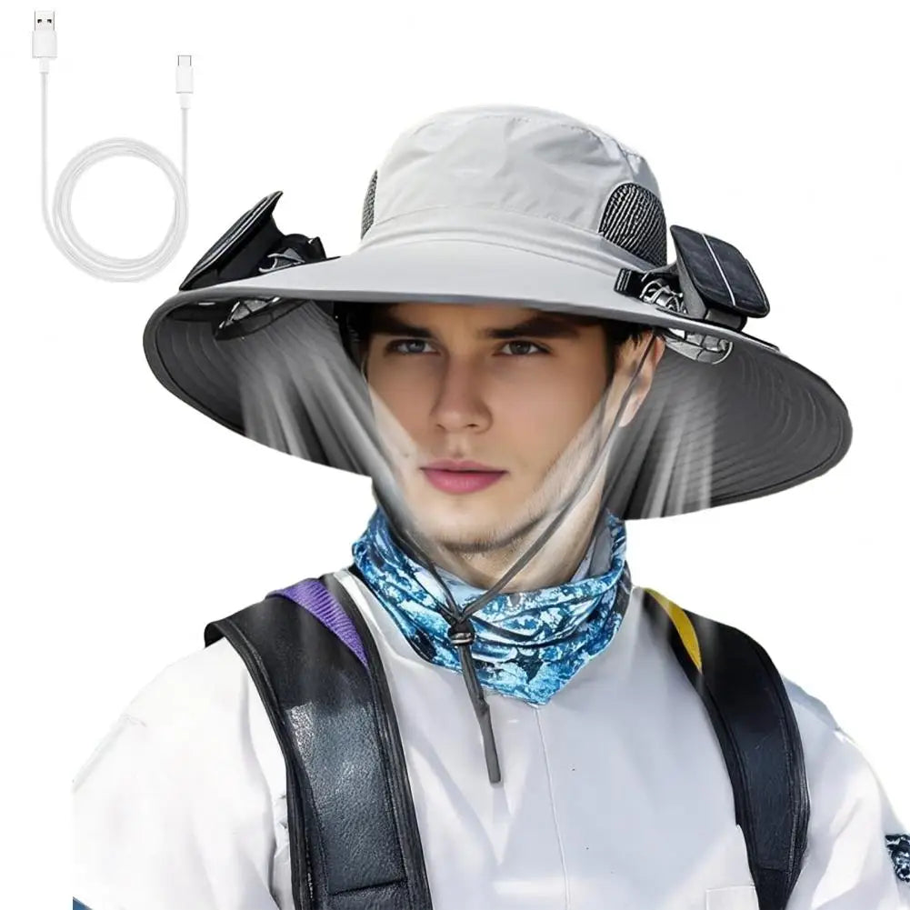 Solar-Powered Outdoor Hat Fan with Dual Power Supply - Wide Brim Sun Protection for Fishing, Hiking, and Gardening