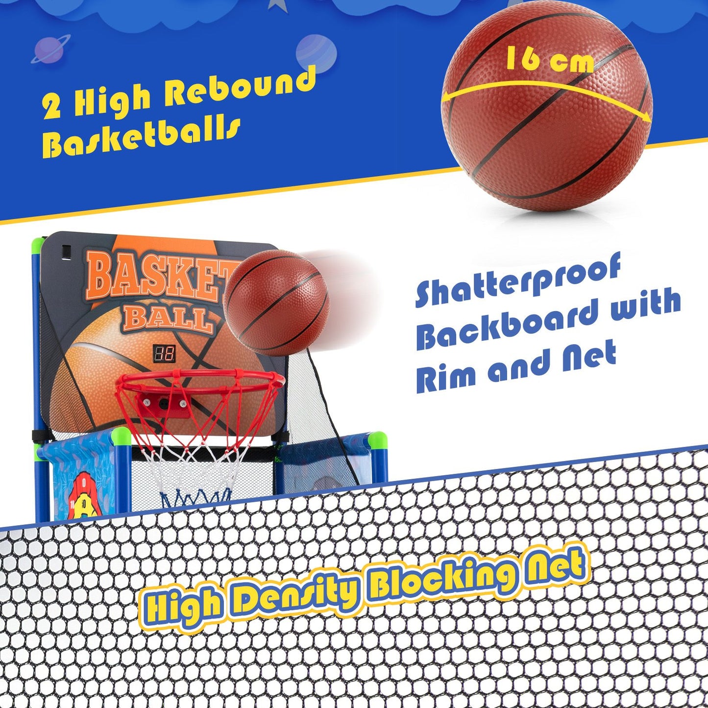 Dual-Function Children's Basketball Arcade Game with Electronic Scoring System