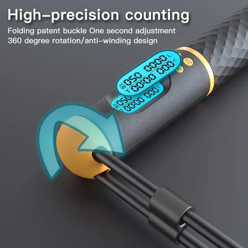 Professional Dual-Function Jump Rope with Digital Counter, High-Speed Ball Bearings, and Ergonomic Non-Slip Handles for Enhanced Calorie Tracking and Fitness.