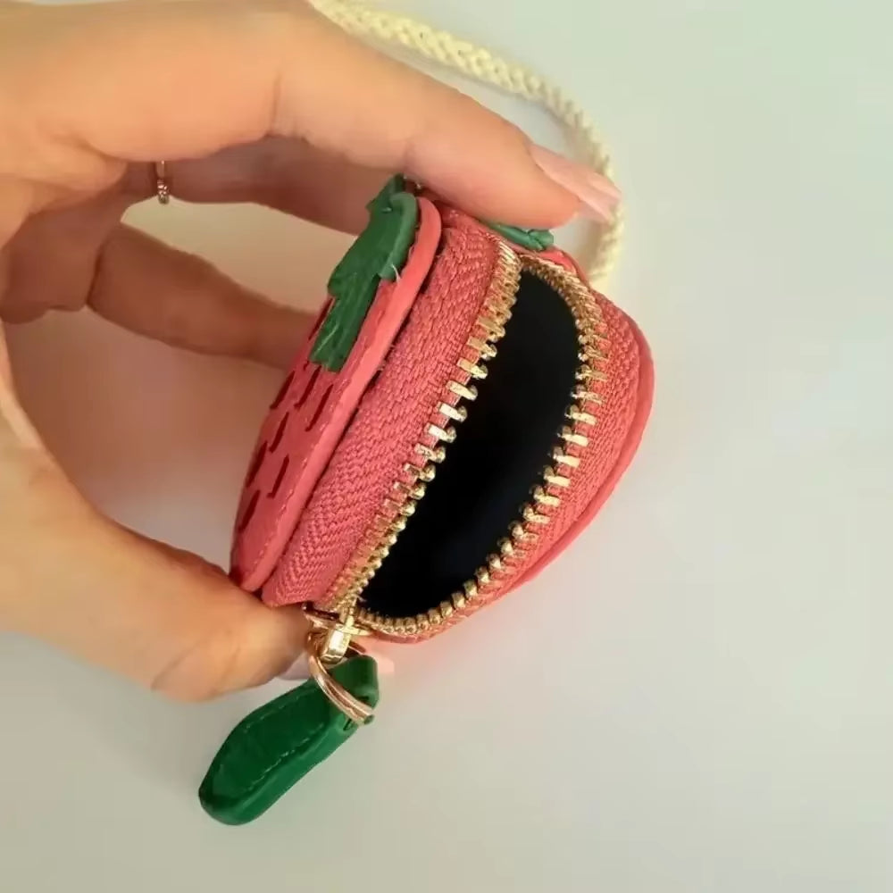 Mini Cherry-Shaped PU Leather Coin Purse - Adorable Strawberry Design Keychain and Earphone Storage Bag, Korean Style