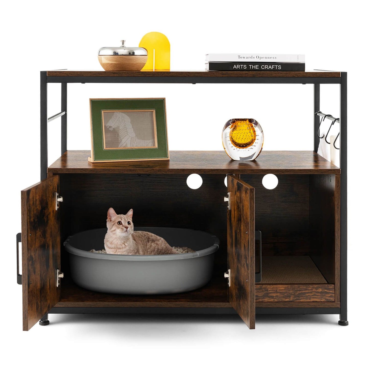 Cat Litter Box Enclosure with Integrated Scratching Pad and Dual Shelving Units