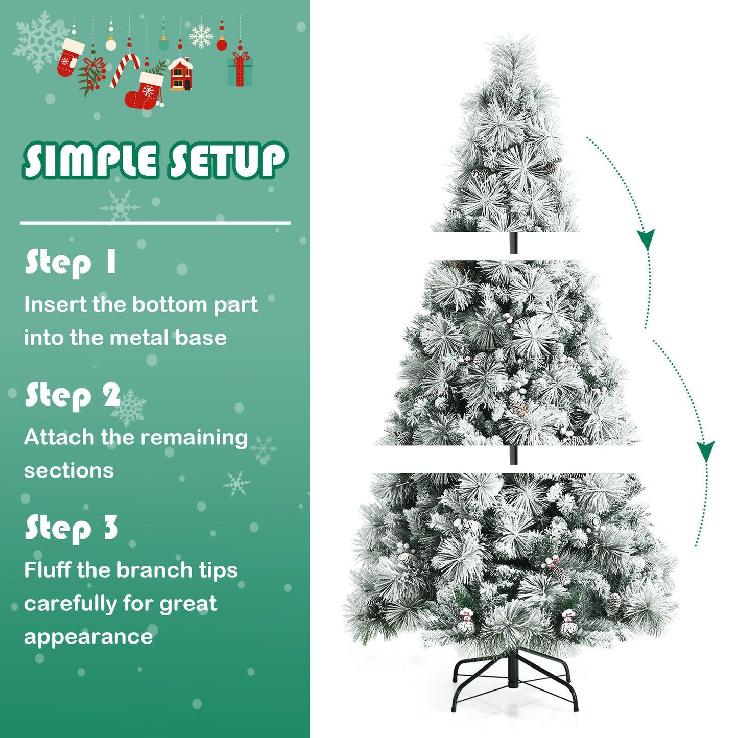 Snow-Flocked Christmas Tree Featuring 652 Branches and Decorative Berries