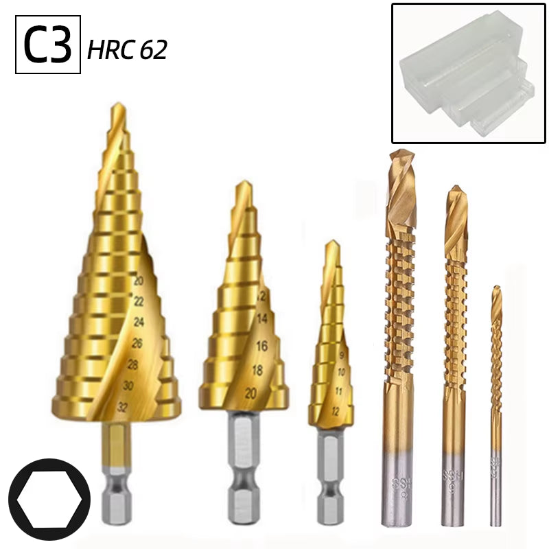 Professional Titanium Step Drill Bit Set for Wood and Metal - Sizes 4-12mm, 4-20mm, 4-32mm with 3, 6, and 8mm Twist Drills Included