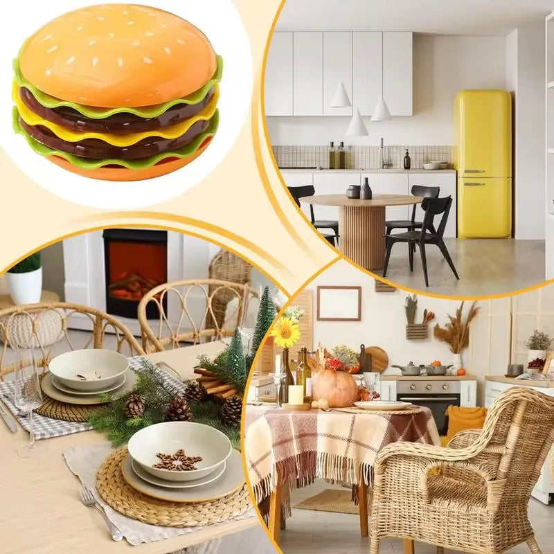Stackable Six-Layer Hamburger Plate Set with Elegant Bone Design and Accompanying Sauce Containers for Table Decor