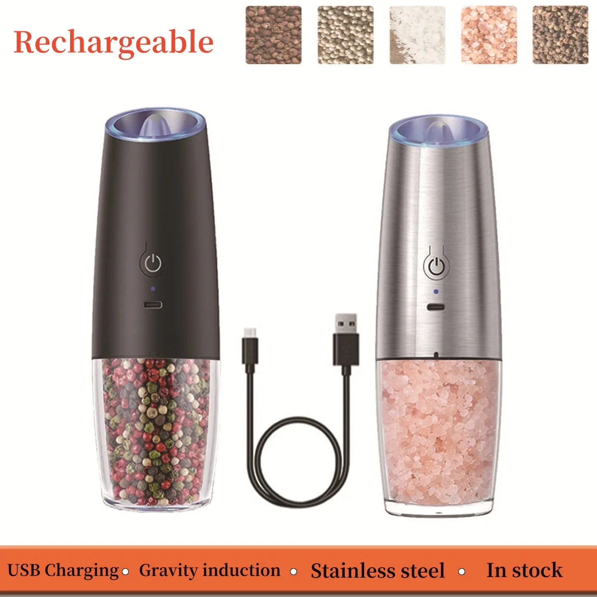 Premium USB Rechargeable Gravity Induction Electric Salt and Pepper Grinder Set