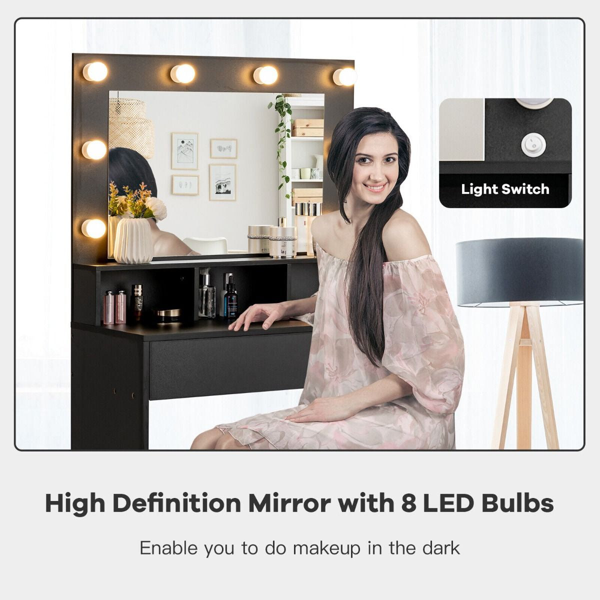 Modern Makeup Vanity Set with LED Lighted Mirror and Spacious Drawer