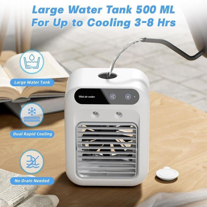 3-in-1 Portable Air Conditioner and Evaporative Cooler with Dual Mist Speeds - Perfect for Home, Office, and Outdoor Use, Equipped with 1800mAh Battery and 500ml Water Reservoir