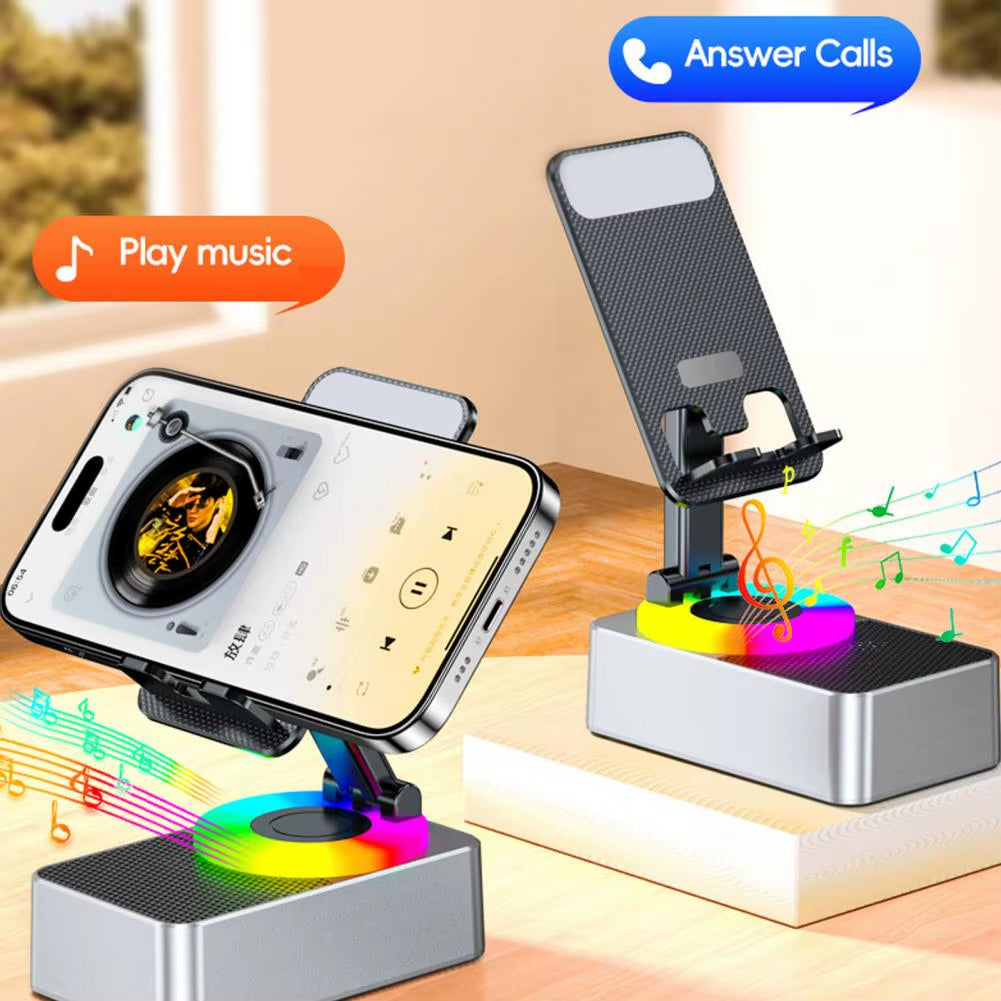 Bluetooth-Compatible Rotating Phone Stand with Integrated Wireless Speaker and Adjustable Foldable Design