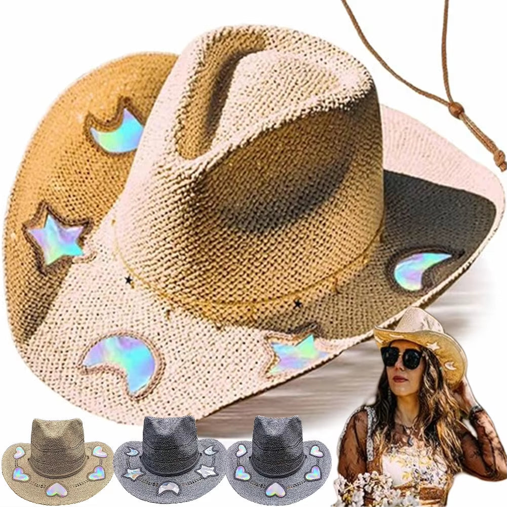 Handcrafted Wide-Brimmed Cowboy Hat for Women - Adjustable Straw Sun Hat for Travel and Beach Use