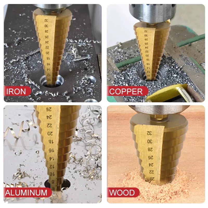 Professional Titanium Step Drill Bit Set for Wood and Metal - Sizes 4-12mm, 4-20mm, 4-32mm with 3, 6, and 8mm Twist Drills Included
