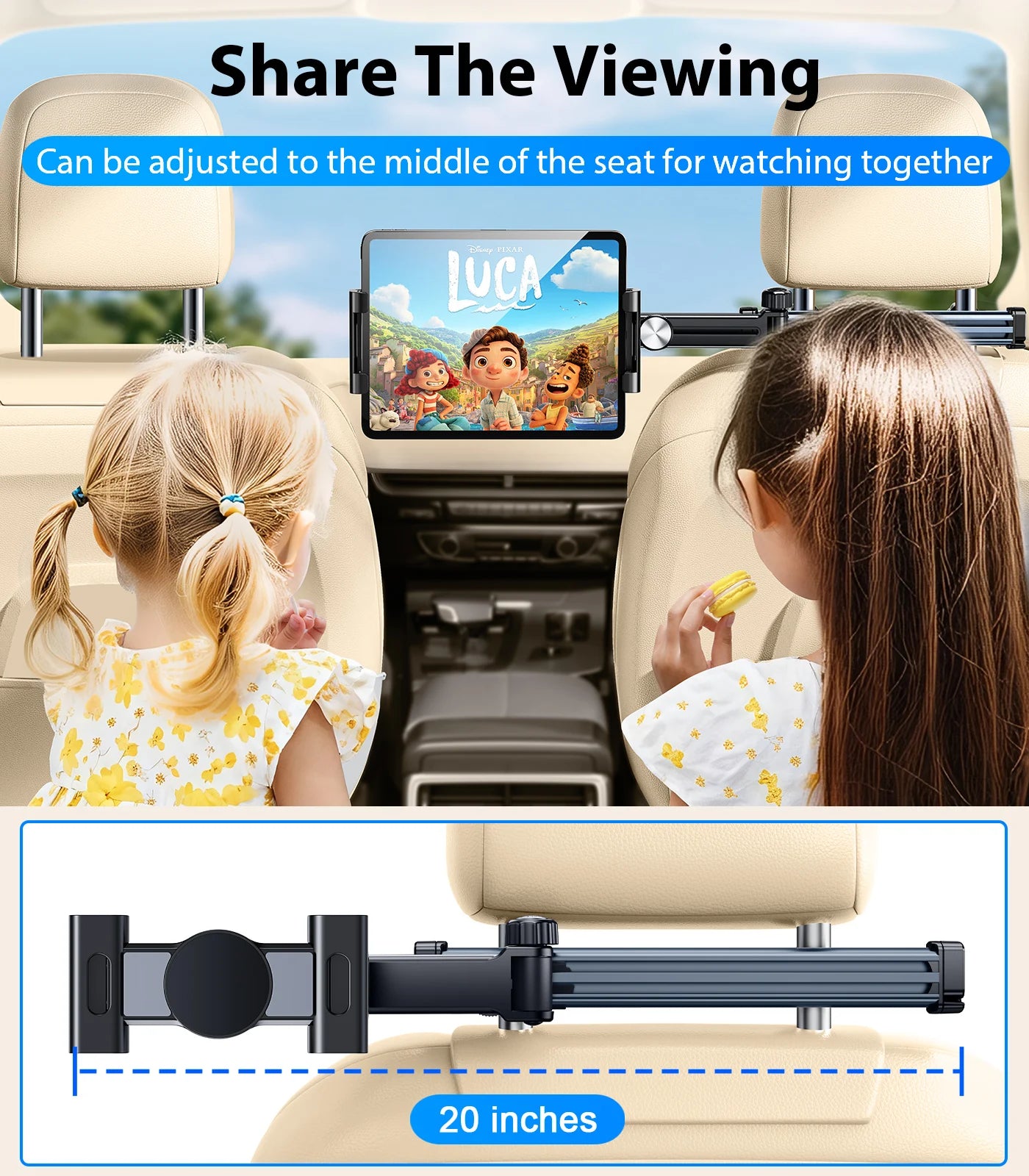 Adjustable Back Seat Tablet Holder Mount for Car Headrest - 360° Rotatable Phone Stand with Long Arm and Dual Hooks, Compatible with 4.7-12 Inch Devices