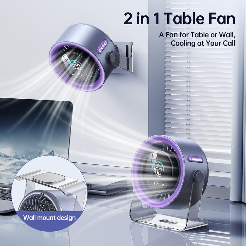 Coolhill Turbo Desktop Fan with 100-Speed Digital Display, Quiet Operation, Rechargeable Battery, and Dual Adjustment Modes for Office Environments