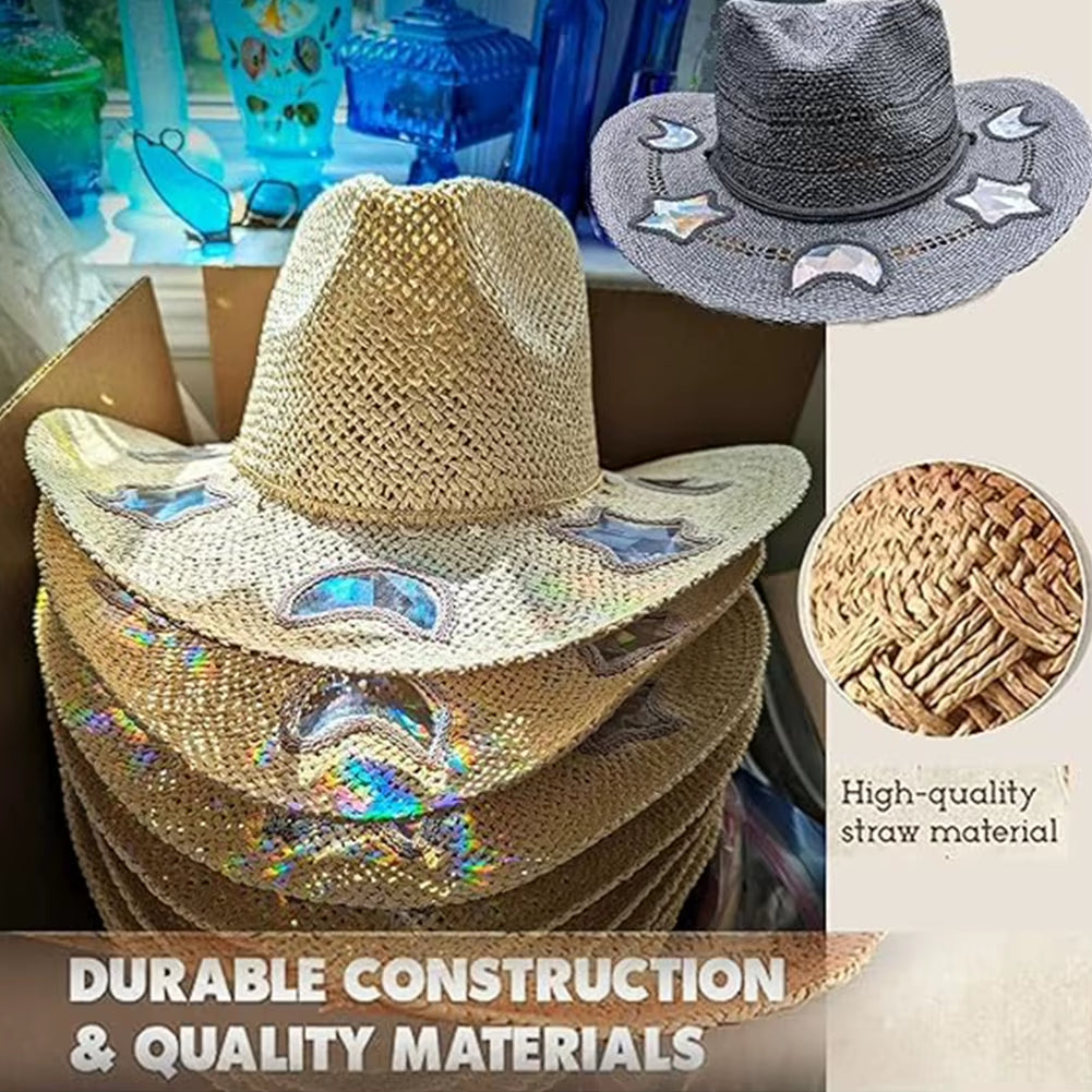 Handcrafted Wide-Brimmed Cowboy Hat for Women - Adjustable Straw Sun Hat for Travel and Beach Use