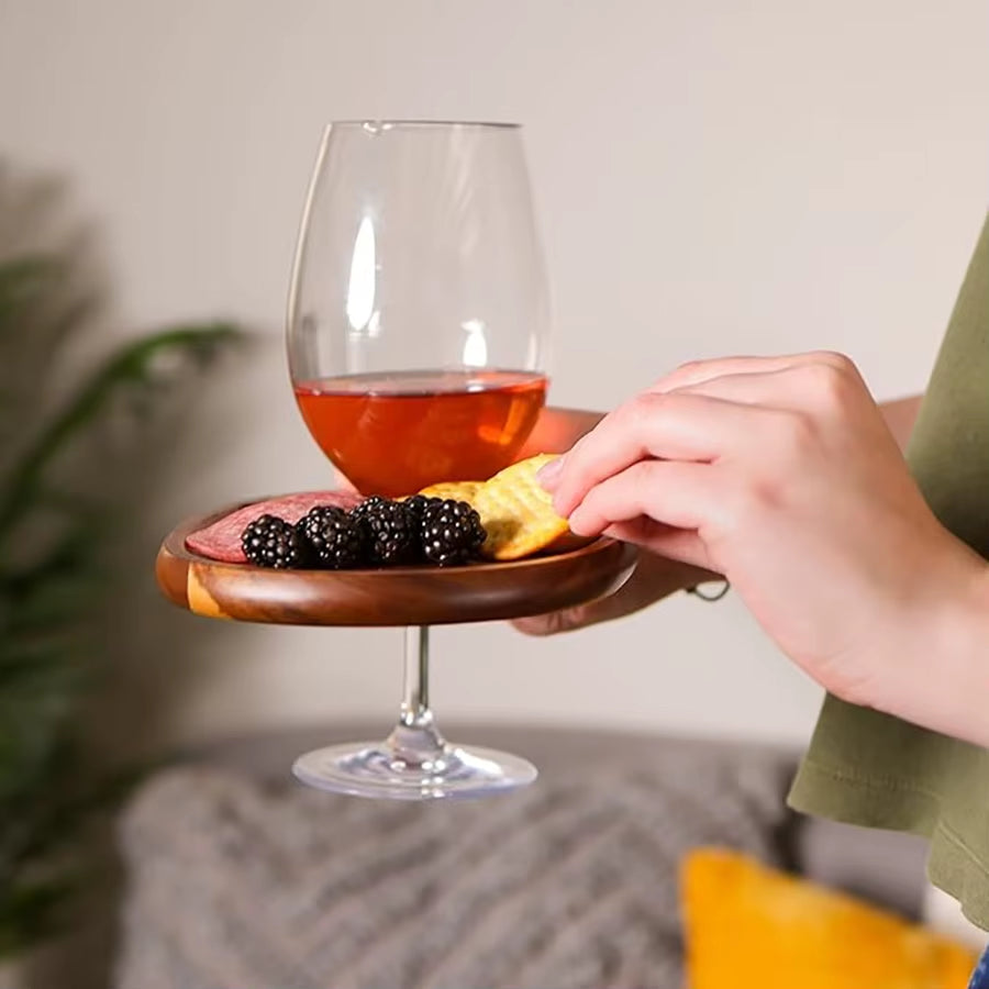 Acacia Wood Appetizer Plate Set of Four with Integrated Wine Glass Holder and Cheese Board