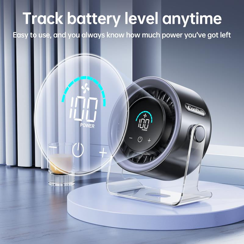 Coolhill Turbo Desktop Fan with 100-Speed Digital Display, Quiet Operation, Rechargeable Battery, and Dual Adjustment Modes for Office Environments