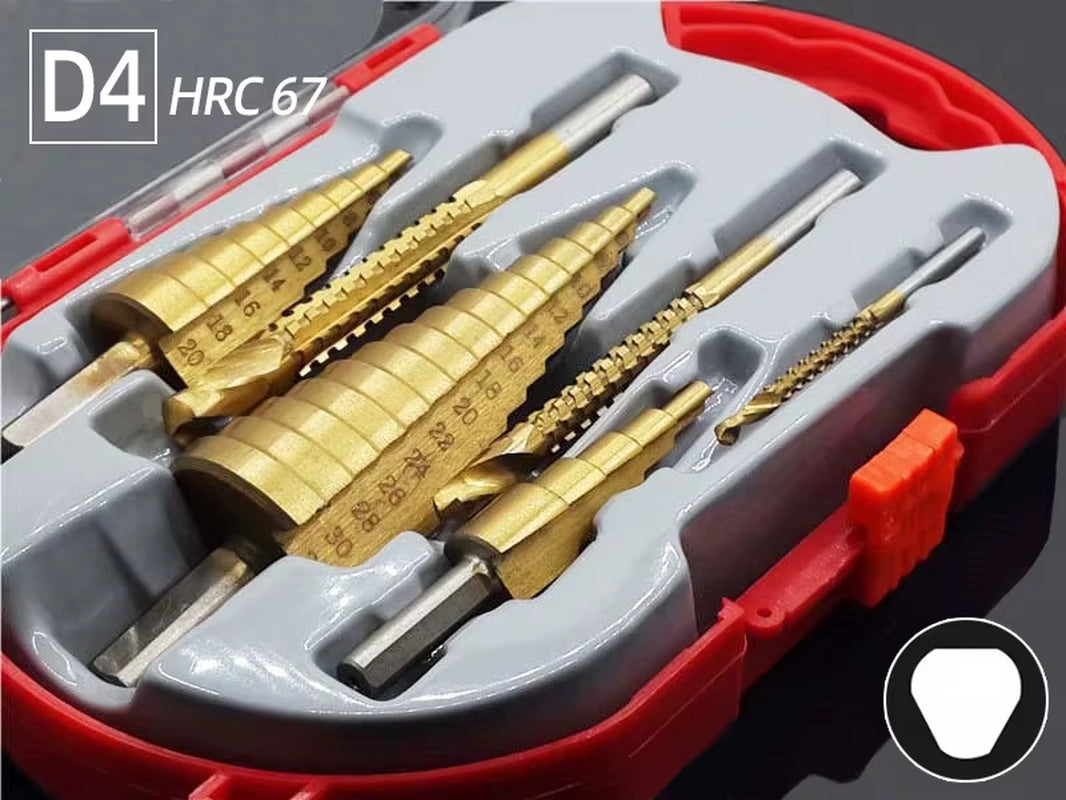 Professional Titanium Step Drill Bit Set for Wood and Metal - Sizes 4-12mm, 4-20mm, 4-32mm with 3, 6, and 8mm Twist Drills Included