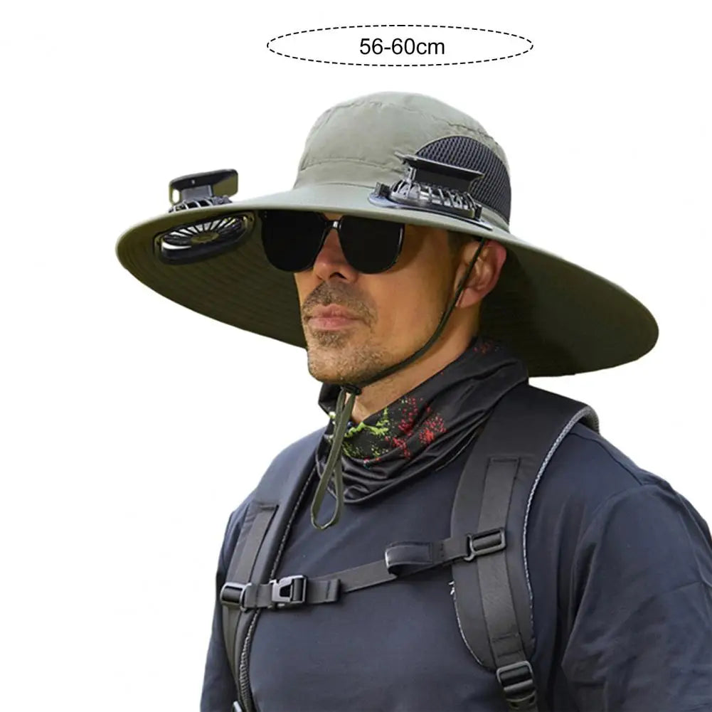 Solar-Powered Outdoor Hat Fan with Dual Power Supply - Wide Brim Sun Protection for Fishing, Hiking, and Gardening