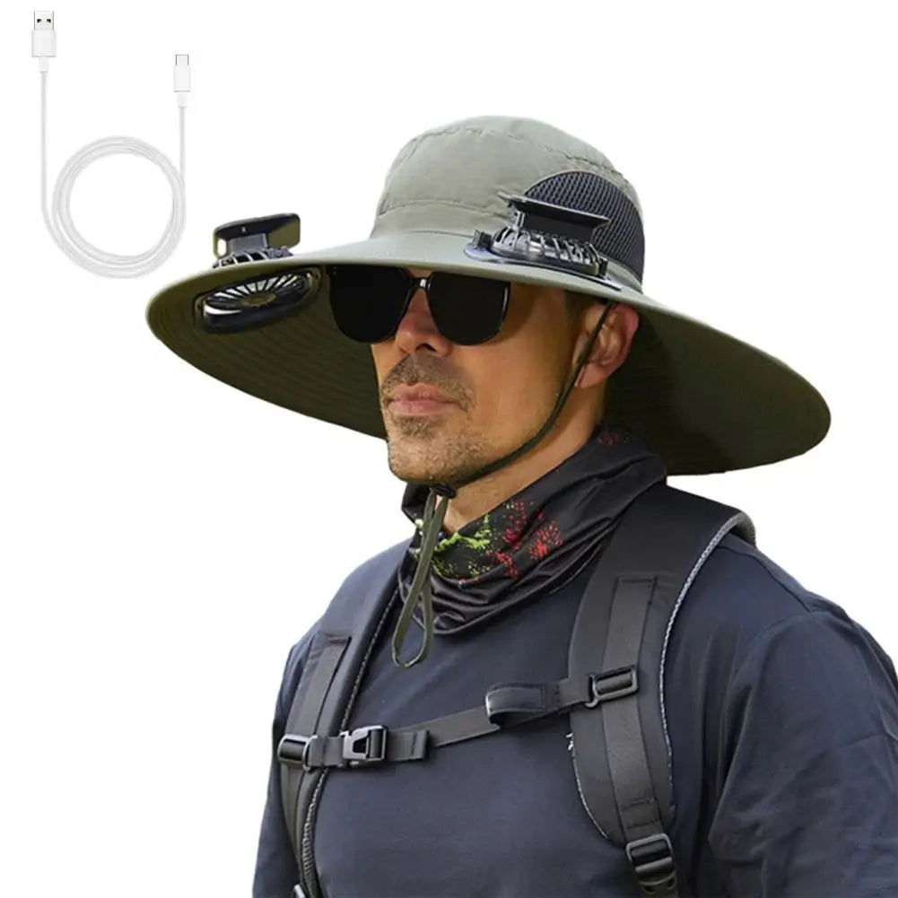 Solar-Powered Outdoor Hat Fan with Dual Power Supply - Wide Brim Sun Protection for Fishing, Hiking, and Gardening