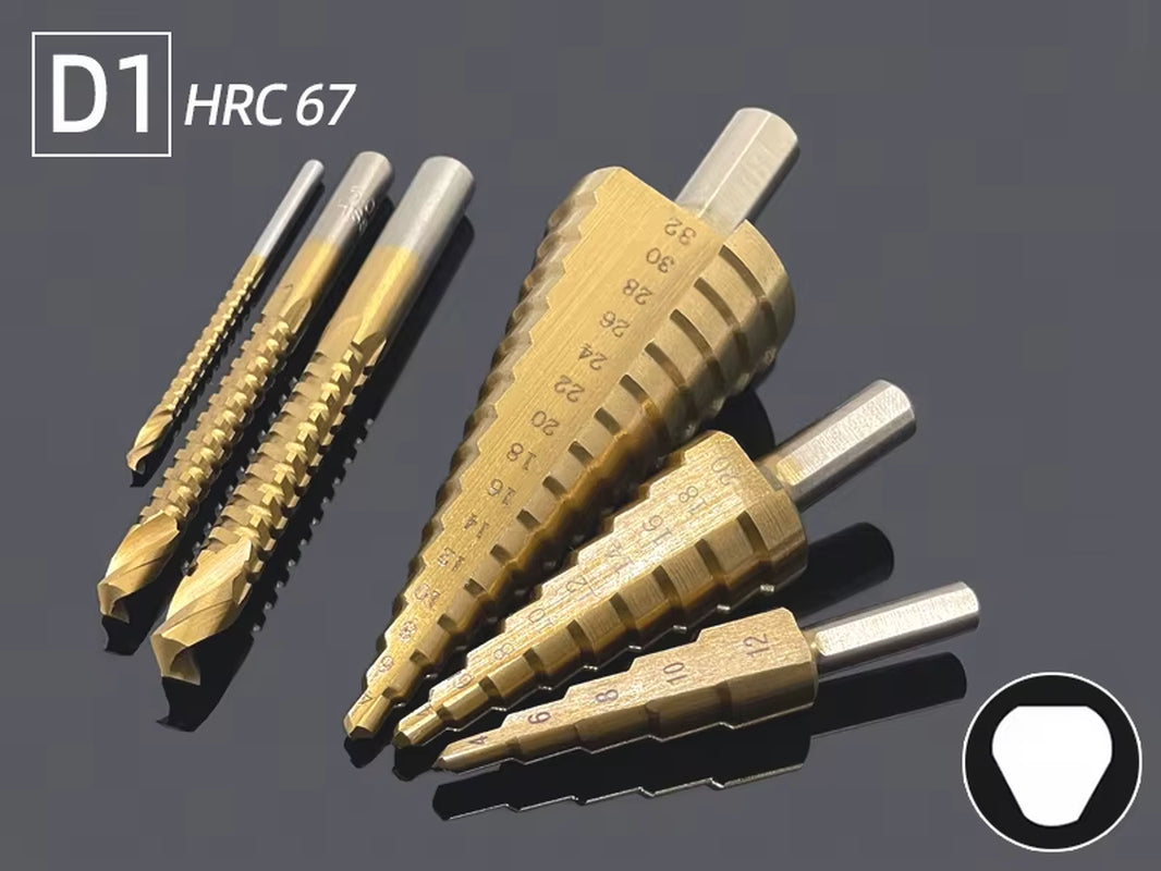 Professional Titanium Step Drill Bit Set for Wood and Metal - Sizes 4-12mm, 4-20mm, 4-32mm with 3, 6, and 8mm Twist Drills Included