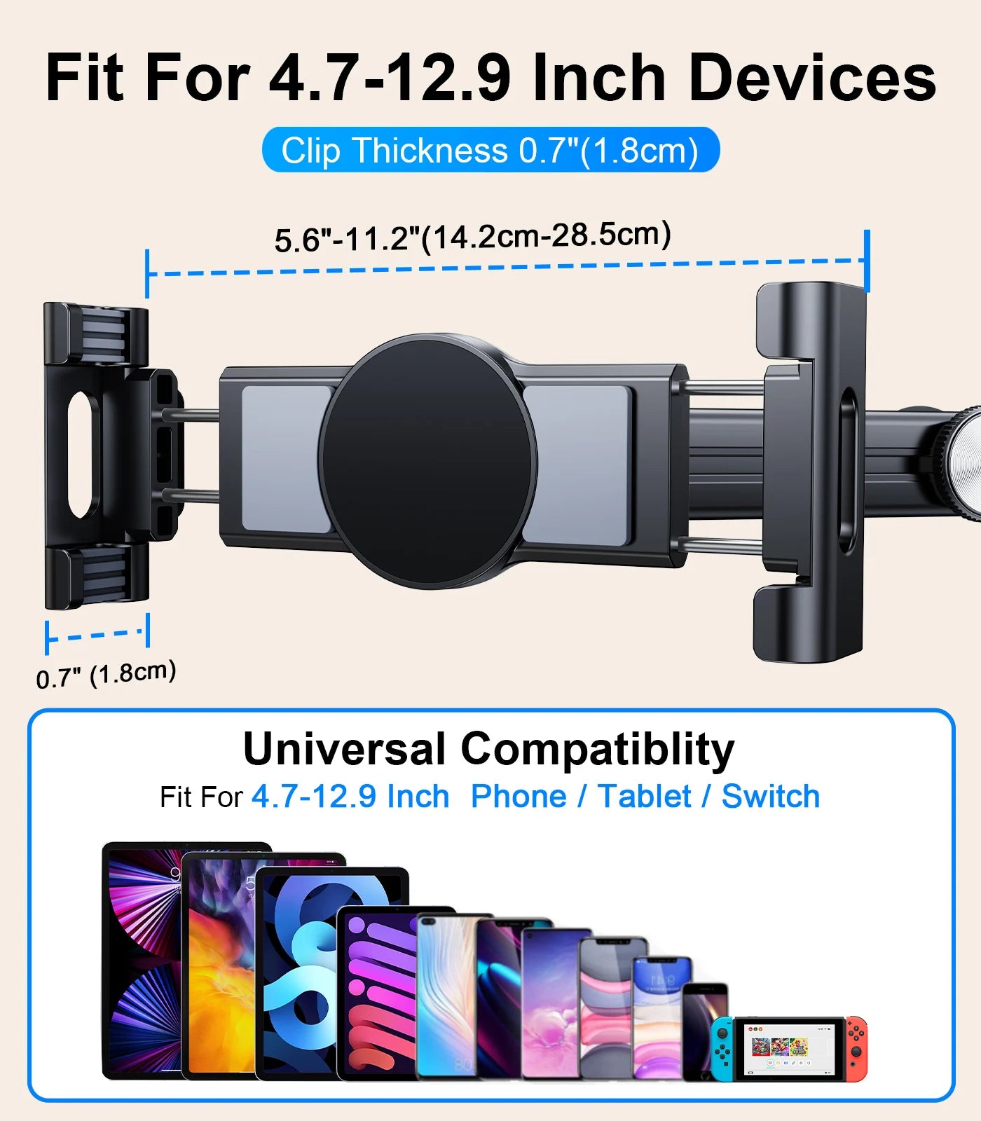 Adjustable Back Seat Tablet Holder Mount for Car Headrest - 360° Rotatable Phone Stand with Long Arm and Dual Hooks, Compatible with 4.7-12 Inch Devices