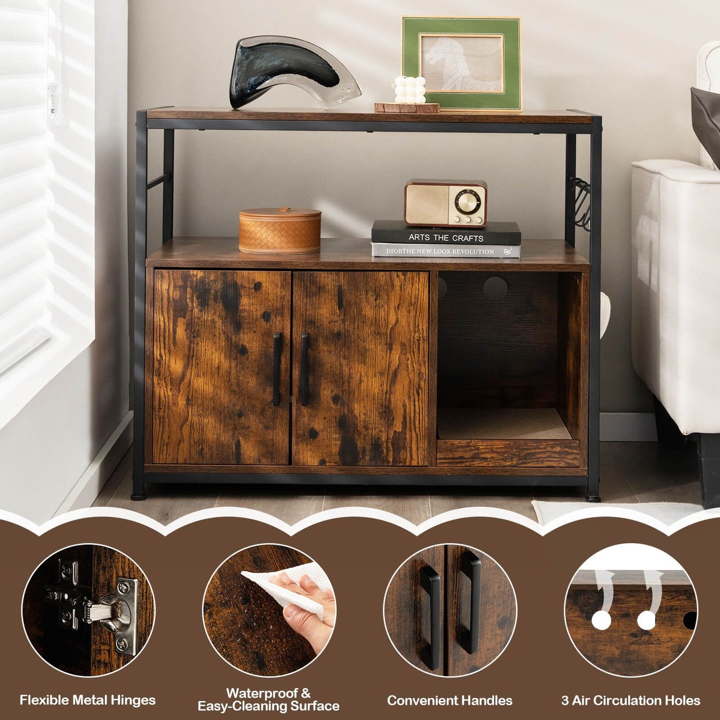 Cat Litter Box Enclosure with Integrated Scratching Pad and Dual Shelving Units