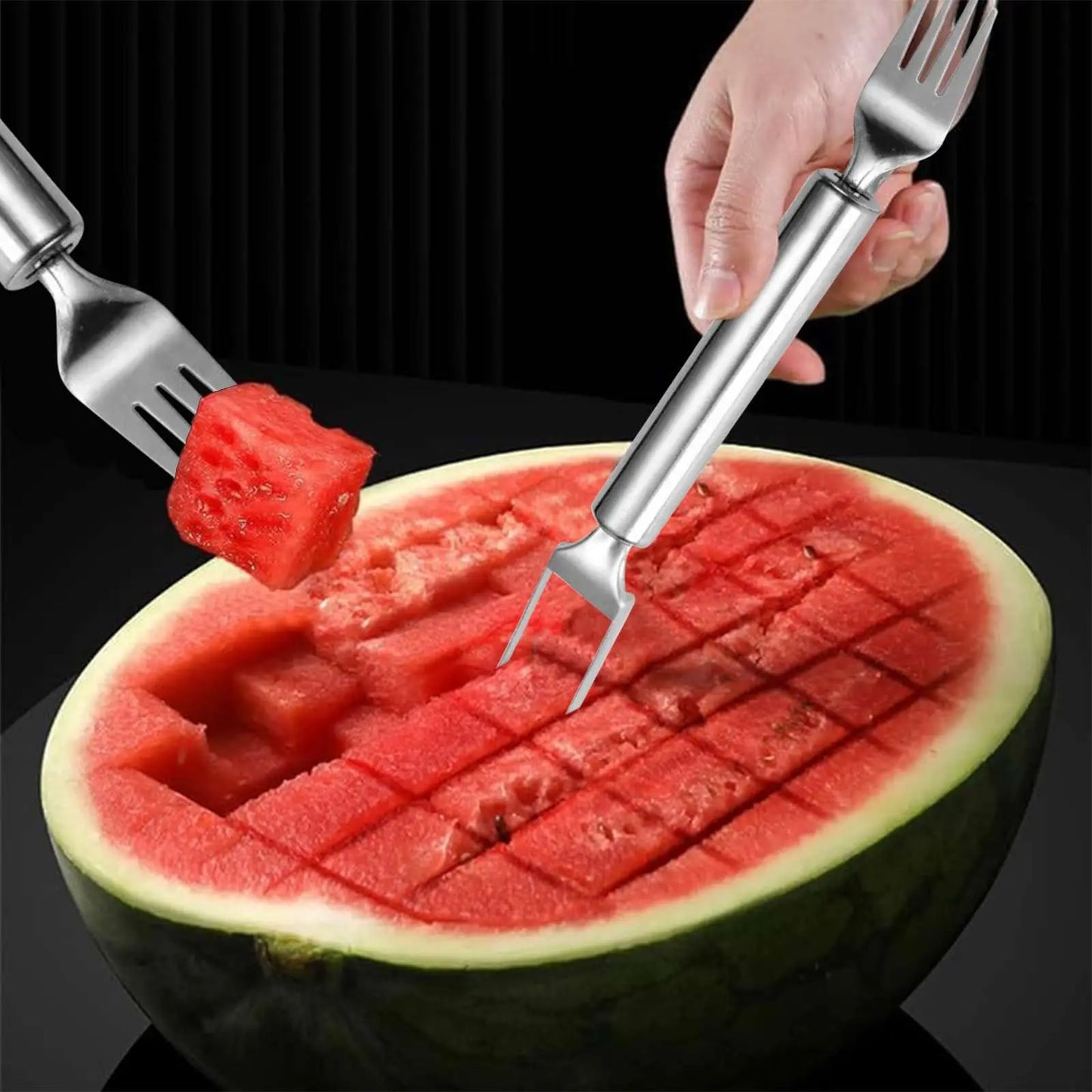 2025 Premium Stainless Steel Watermelon Slicer with Dual-Head Fork Tool for Kitchen Use