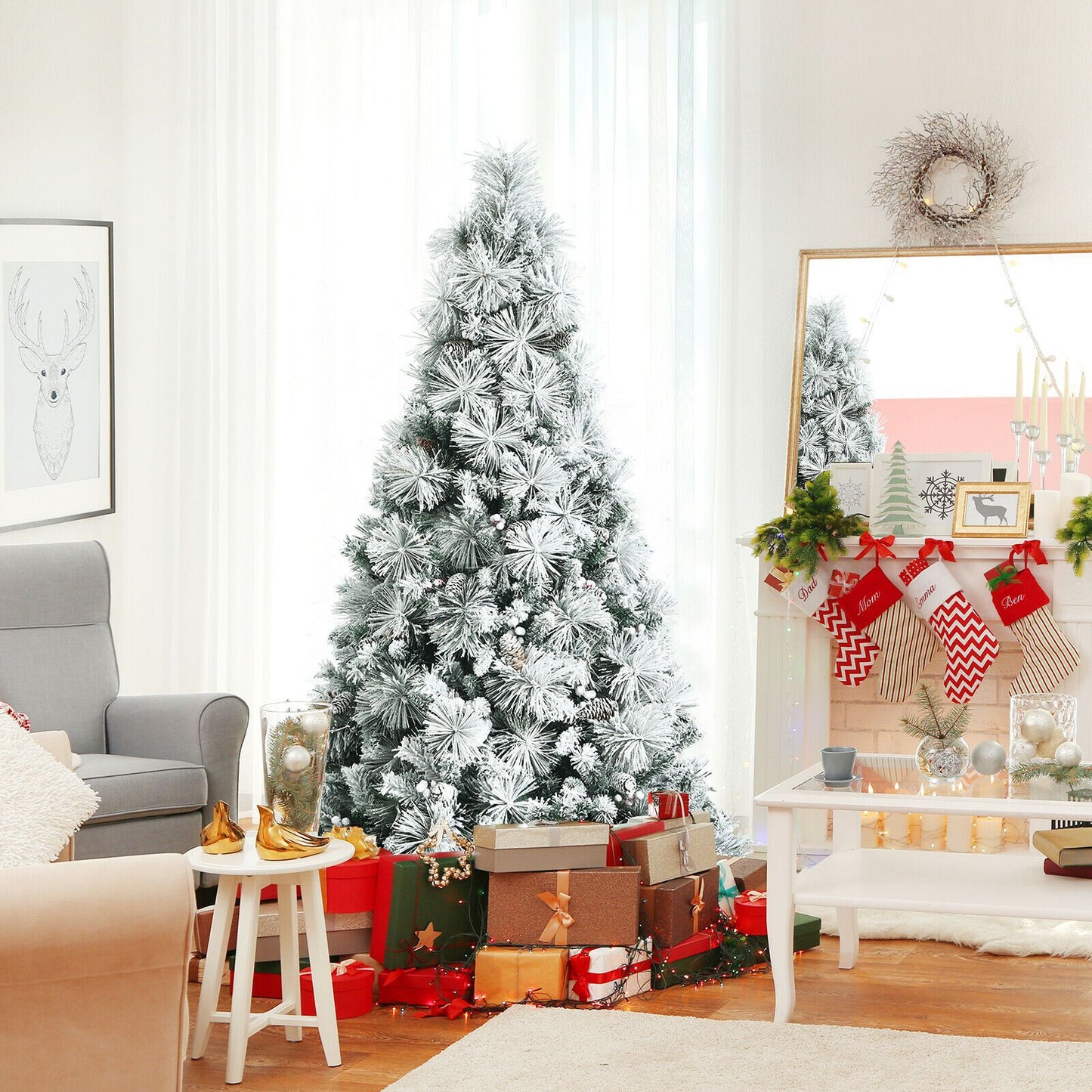 Snow-Flocked Christmas Tree Featuring 652 Branches and Decorative Berries