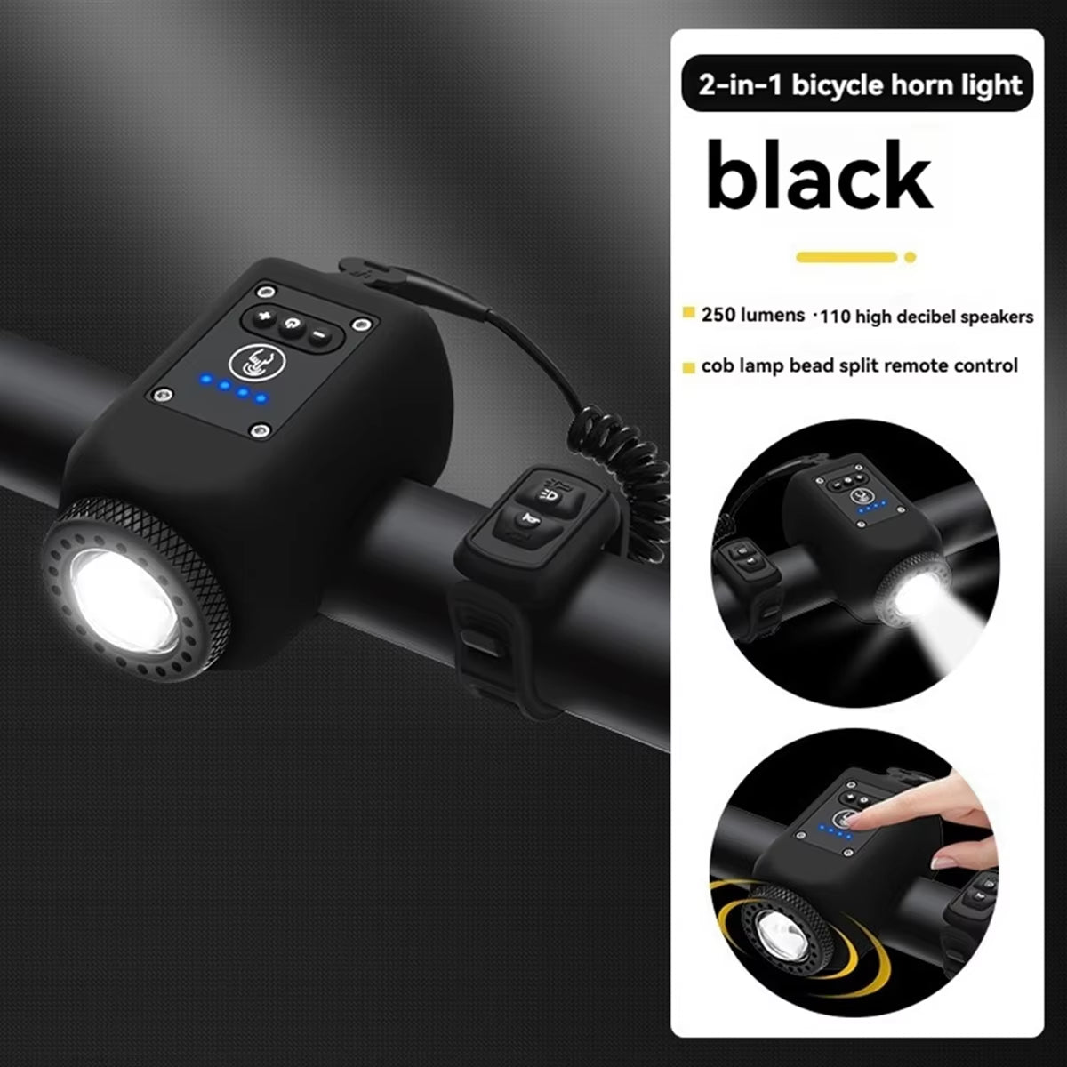 ABMO Dual Function Bike Light and Horn Set for Night Riding - 4 Light Modes, IPX5 Waterproof, Black