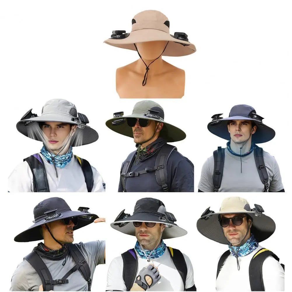 Solar-Powered Outdoor Hat Fan with Dual Power Supply - Wide Brim Sun Protection for Fishing, Hiking, and Gardening