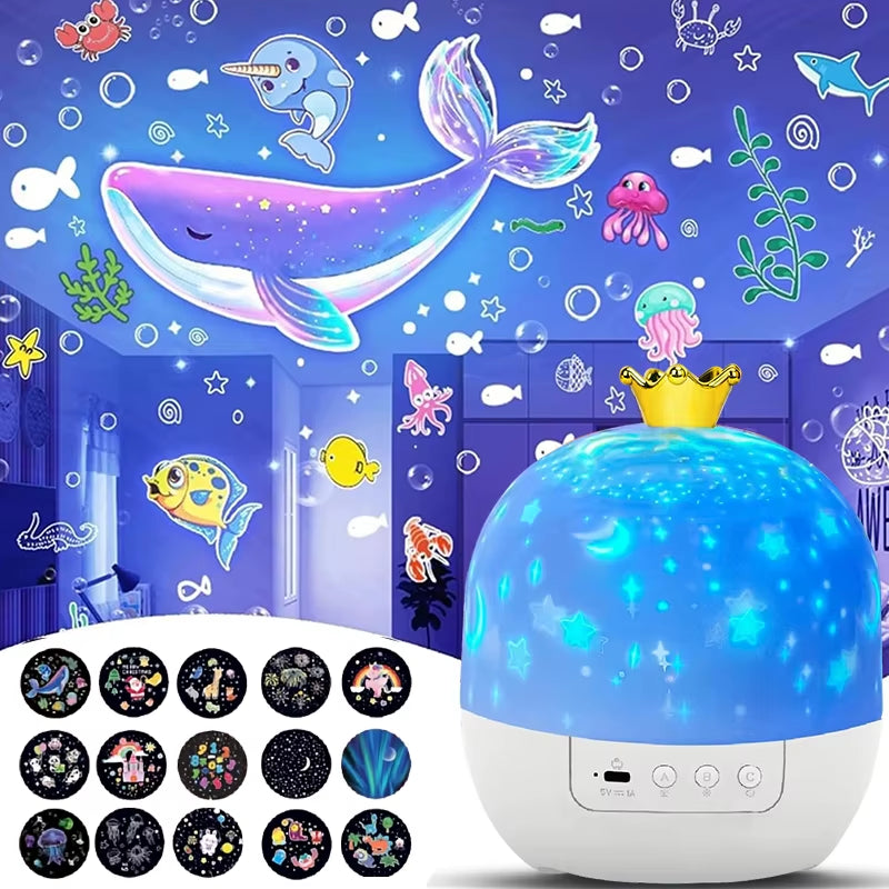 Crown Star Rotating Projection Night Lamp for Children's Bedrooms with Film Sheets - Perfect Birthday Gift