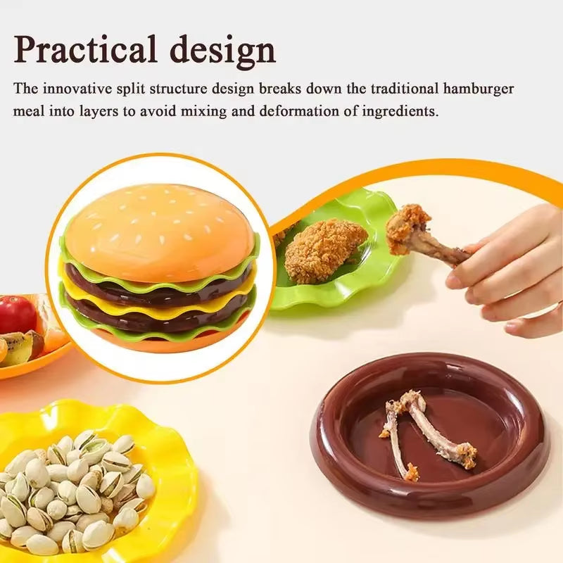 Stackable Six-Layer Hamburger Plate Set with Elegant Bone Design and Accompanying Sauce Containers for Table Decor